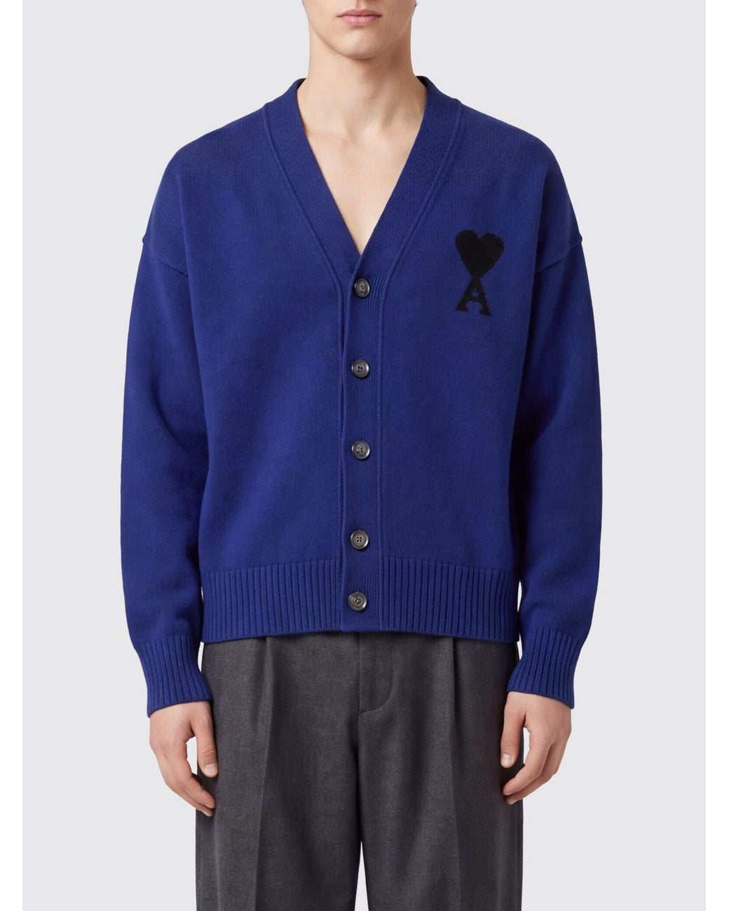 AMI Blue V-Neck Wool Cardigan With Contrast Logo for men