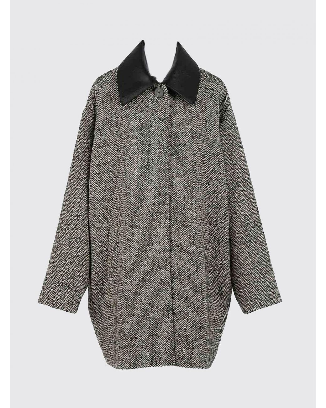 Twinset Gray Single-Breasted Wool Blend Coat With Leather Collar