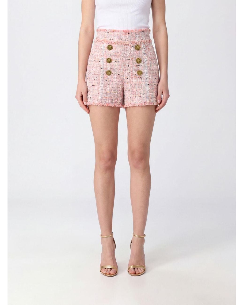 Balmain Pink High-Waisted Tweed Shorts With Abstract Pattern And Buttons