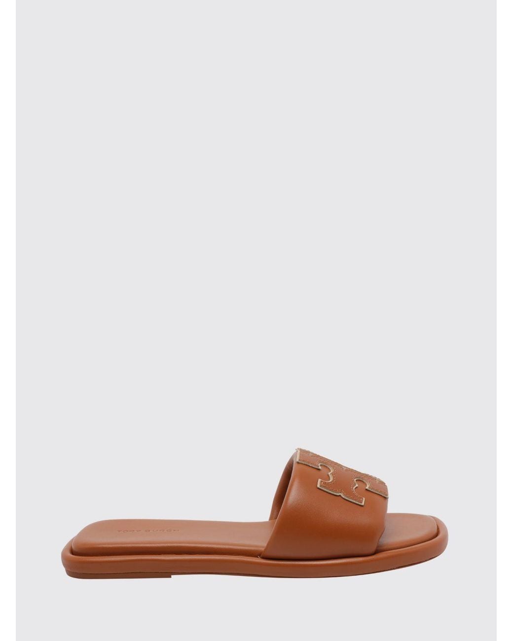 Tory Burch Brown Double T Sport Smooth Leather Slide Sandals With Logo