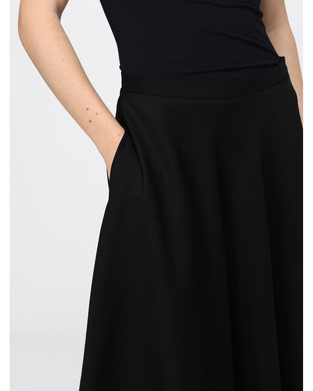 Crida Milano Black Cristina High-Waisted Wool Midi Flare Skirt With Pockets