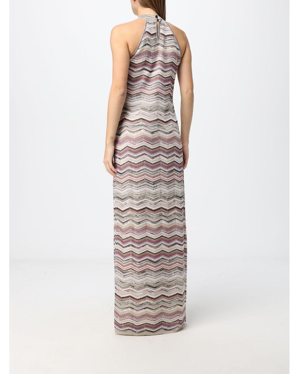 Missoni White Zig-Zag Pattern Lurex Slim Fit Long Dress With Halter Neck