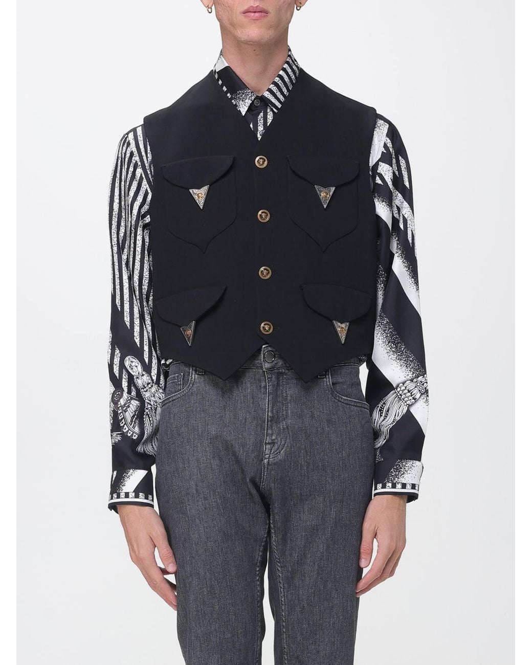 Versace Blue Virgin Wool Tailored Waistcoat With V-Neck And Metallic Buttons for men