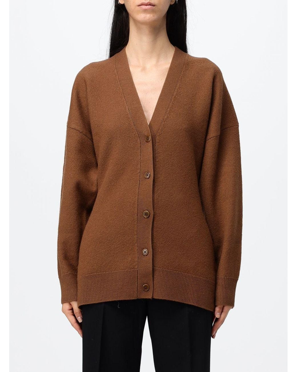 Filippa K Brown V-Neck Wool Cardigan With Dropped Shoulders And Button Closure