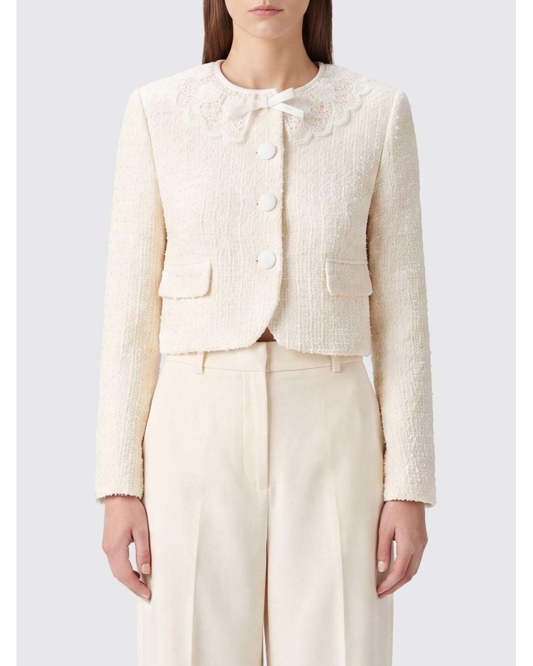 Self-Portrait Natural Cropped Bouclé Blazer With Lace Collar And Inserts