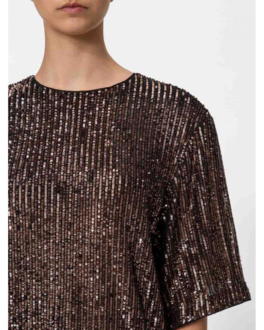 Twinset Brown Short-Sleeved Evening Top Fully Embroidered With Sequins