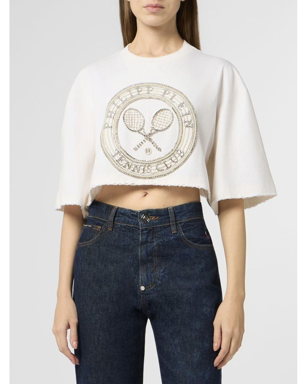 Philipp Plein White Tennis Club Cropped Cotton T-Shirt With Rhinestones And Pearls