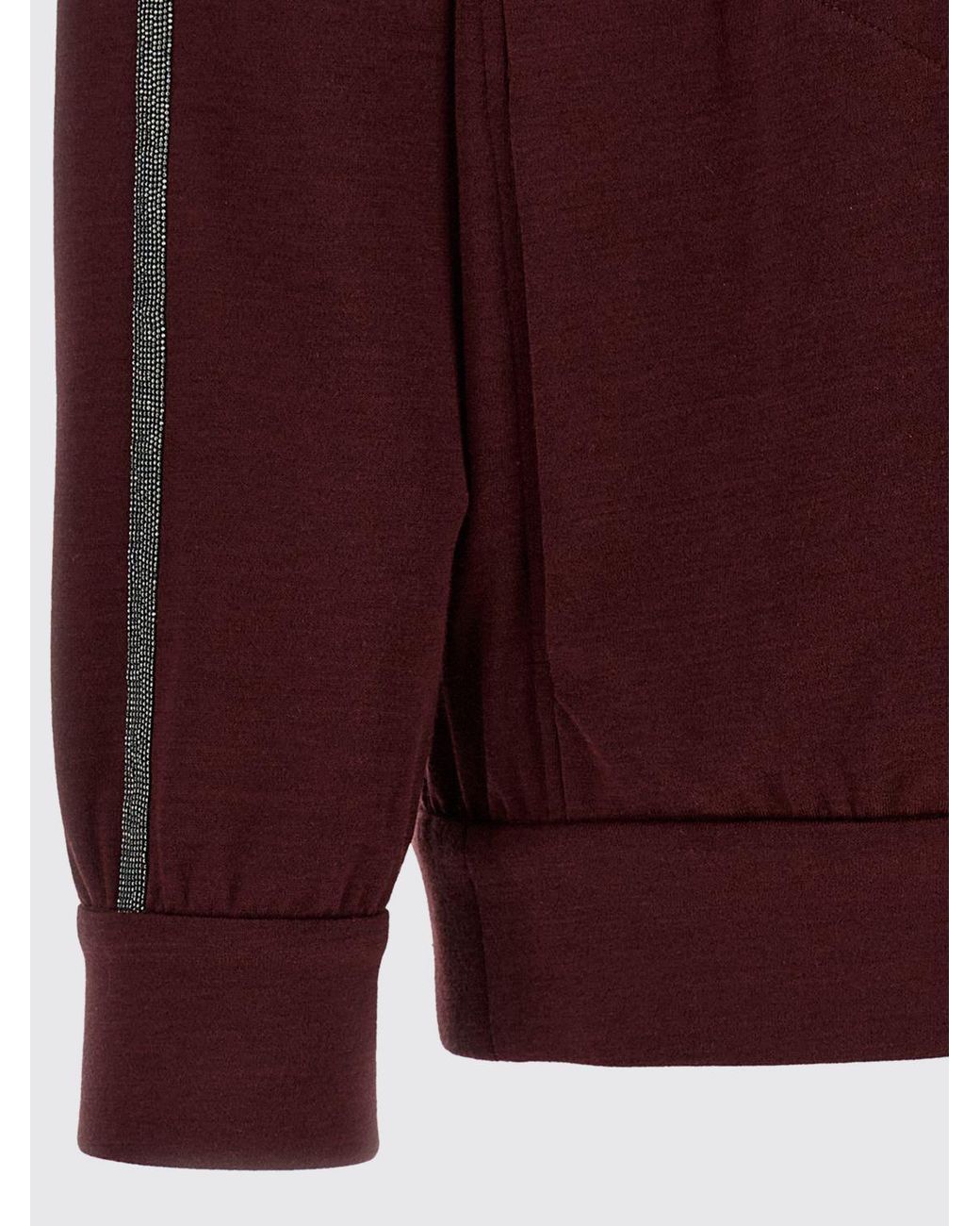 Brunello Cucinelli Red Cotton And Silk Zip-Up Hoodie With Monili Embellishment