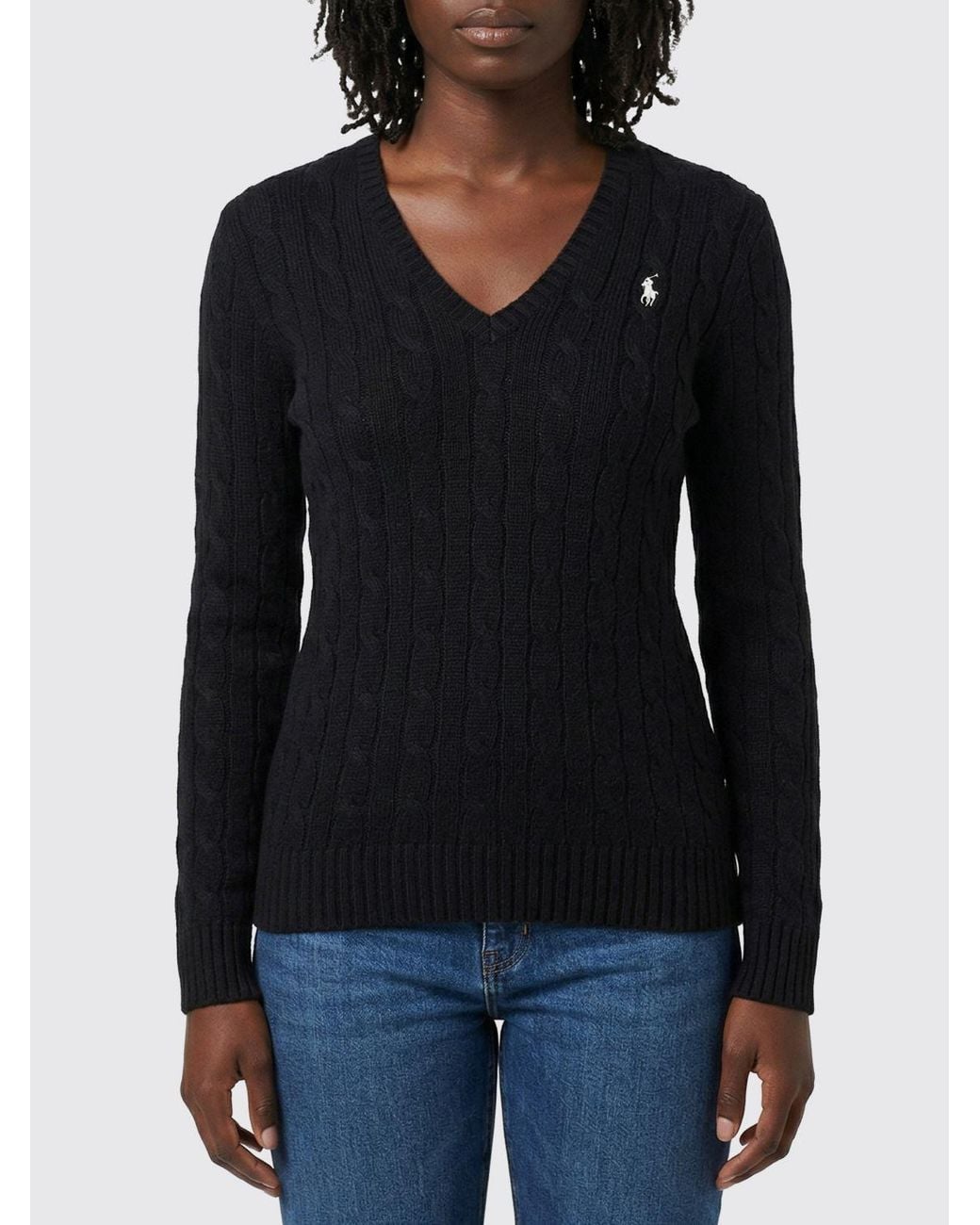 Ralph Lauren Black Cotton V-Neck Sweater With Traces