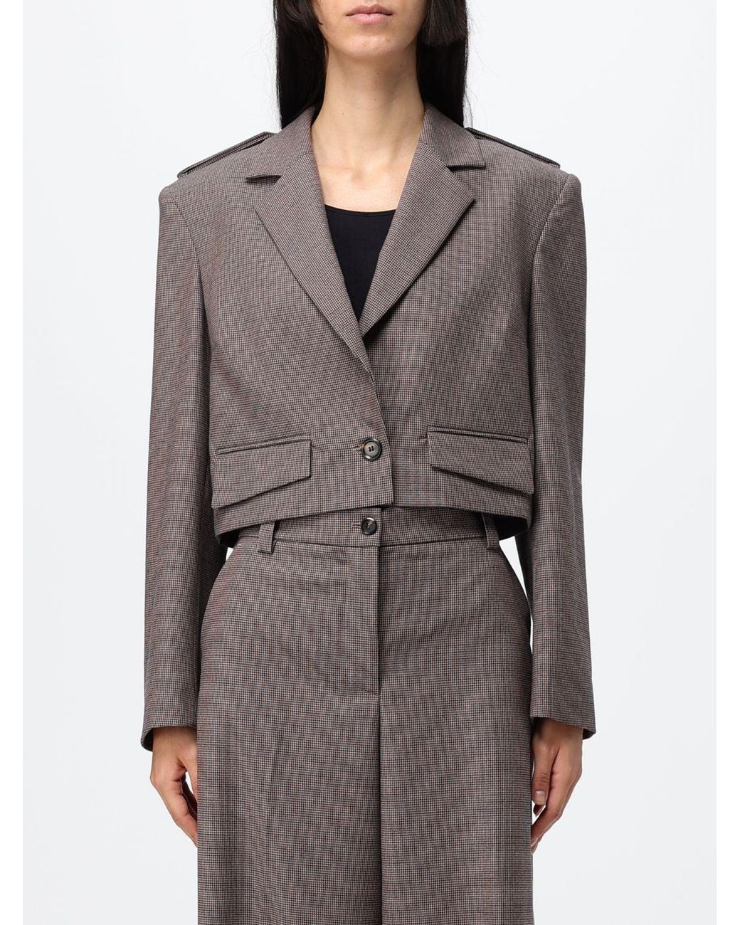 Pinko Gray Cropped Single-Breasted Houndstooth Wool Blend Blazer