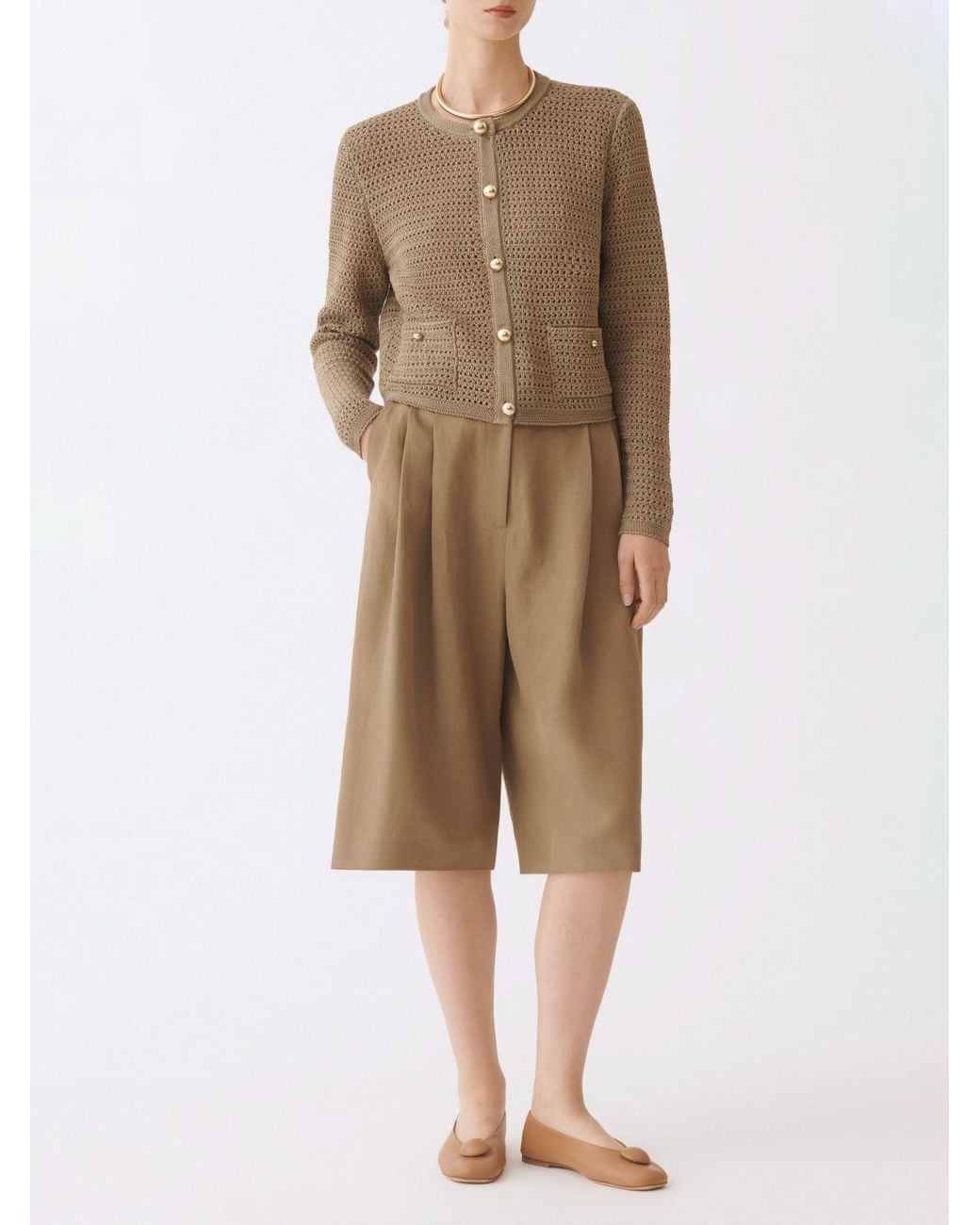 Fabiana Filippi Brown Crew-Neck Pure Cotton Cardigan With Buttoned Patch Pockets