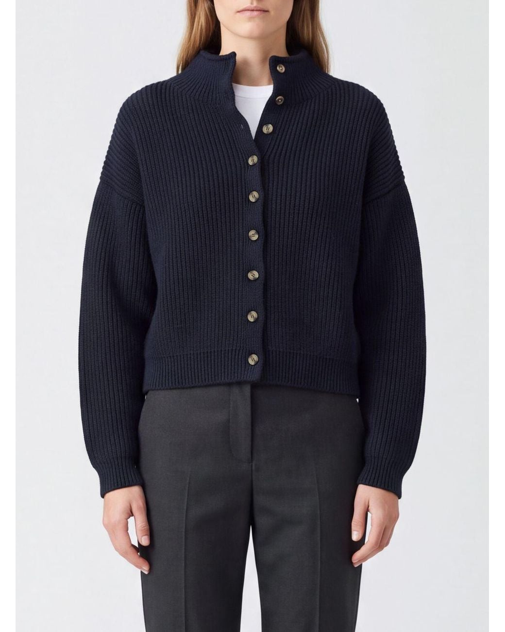Khaite Blue Funnel-Neck Pure Cashmere Cardigan With Buttons