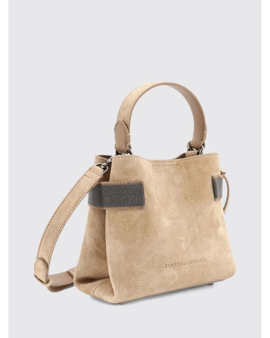 Brunello Cucinelli Natural Small Suede Handbag With Monili Embellishment
