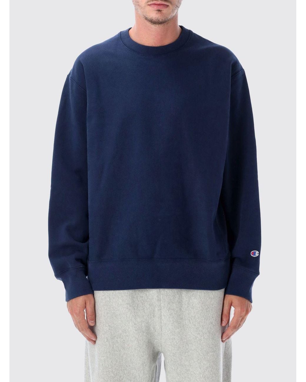 Champion Blue Cotton Crewneck Sweatshirt With Dropped Shoulders for men