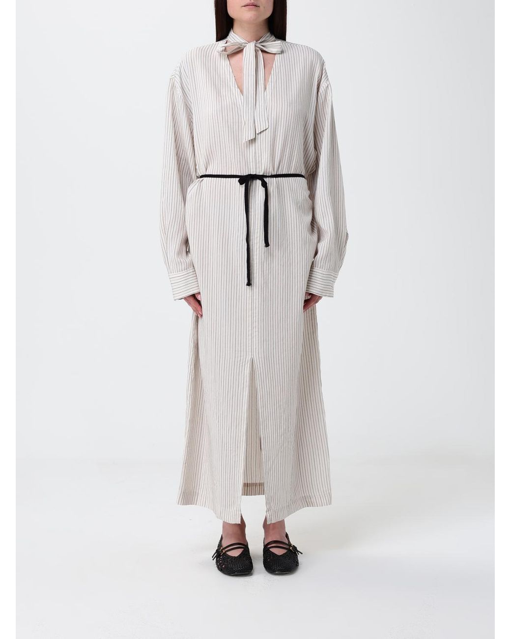 Barena White Striped Silk Blend Chemisier Dress
