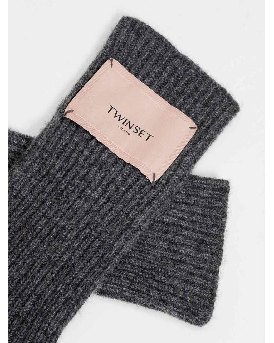 Twinset Black Wool And Cashmere Blend Gloves With Applied Logo And Ribbed Cuffs