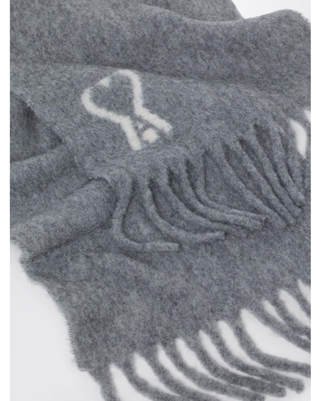 AMI Gray Alpaca Wool Scarf With Printed Logo And Fringed Edges for men