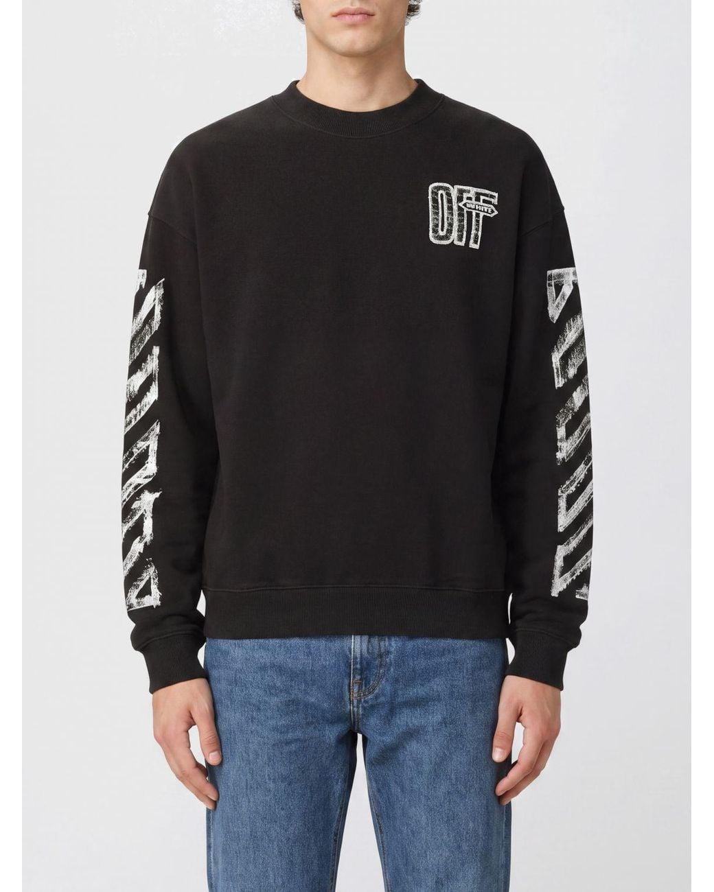Off-White c/o Virgil Abloh Black Diagonals Print Cotton Crewneck Sweatshirt With Back Arrow Logo for men