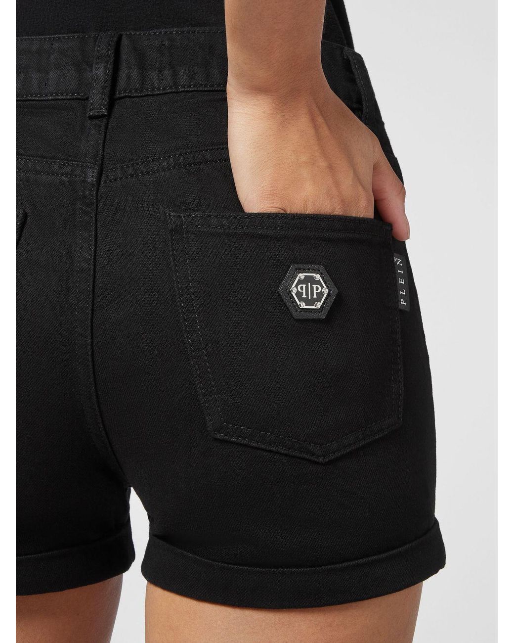 Philipp Plein Black High-Waisted Slim Fit Denim Shorts With Five Pockets