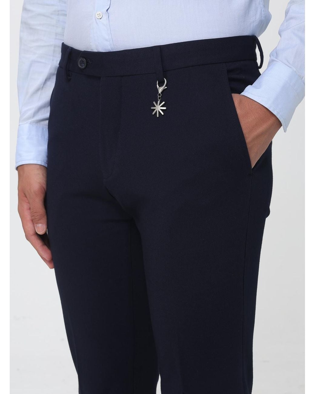 Manuel Ritz Blue Slim Fit Gabardine Chino Trousers With Off-Center Fastening for men