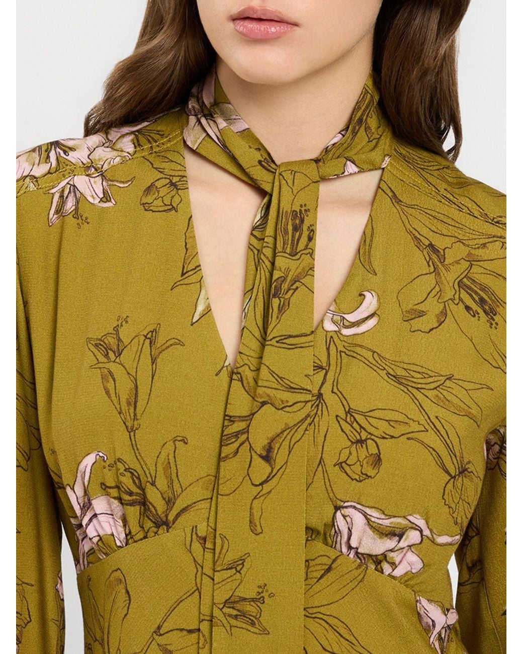 Twinset Metallic Floral Viscose Midi Sheath Dress With Pussy-Bow Collar