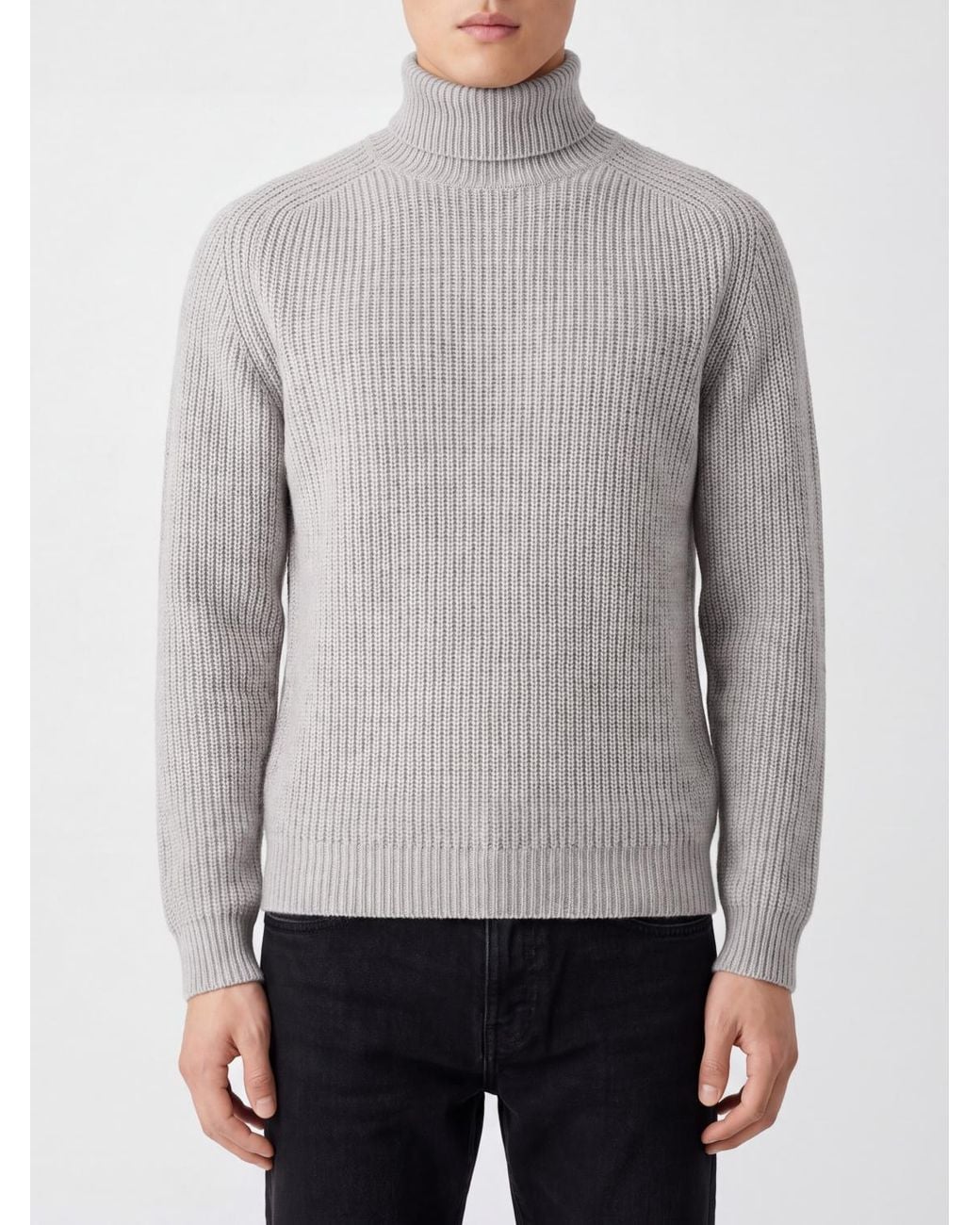 Cruna Gray Long-Sleeved Pure Wool Turtleneck Jumper With Ribbed Trims for men