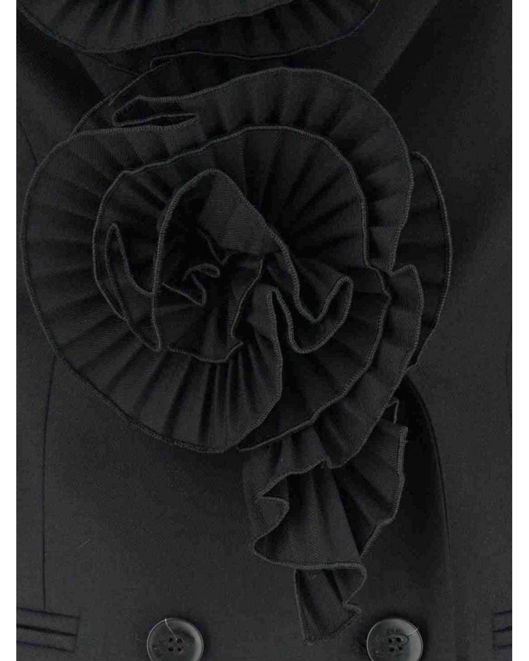 Blumarine Black Double-Breasted Wool-Blend Blazer With Flower Appliqué On The Lapel