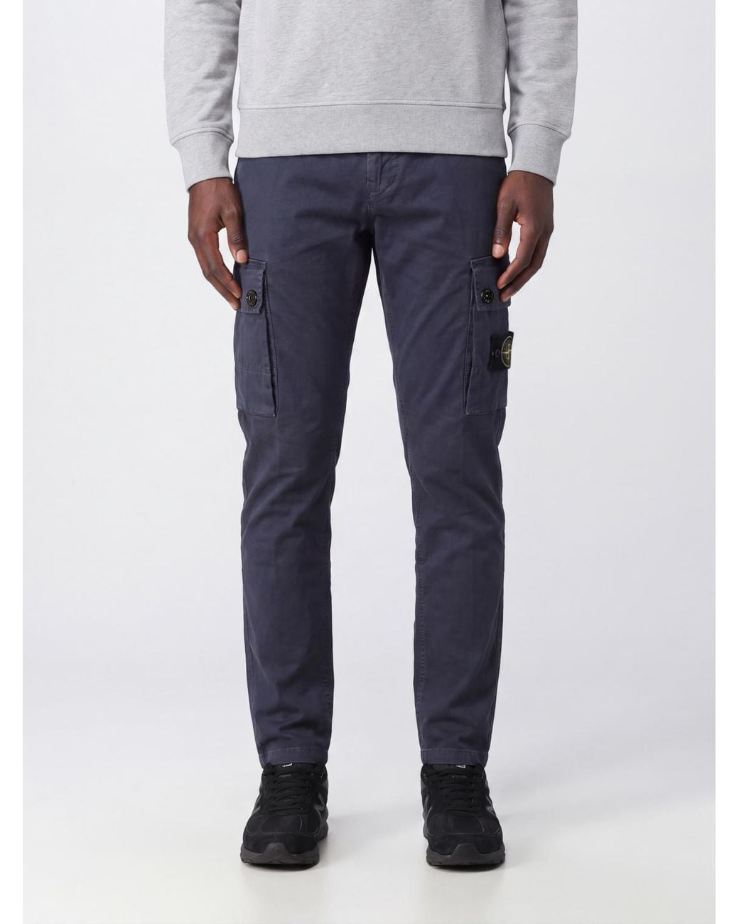 Stone Island Blue Stretch Organic Cotton Cargo Trousers With Compass Logo for men