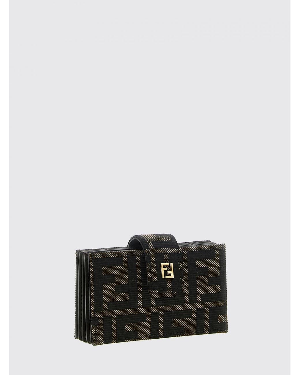 Fendi Black Ff Monogram Jacquard Fabric Card Holder With Snap Closure