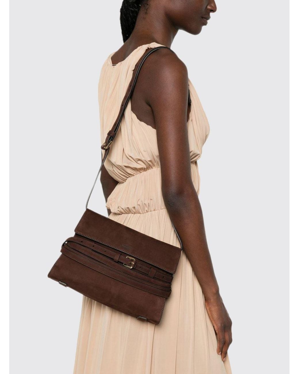 Moschino Couture Brown Suede Clutch With Flared Design And Shoulder Strap