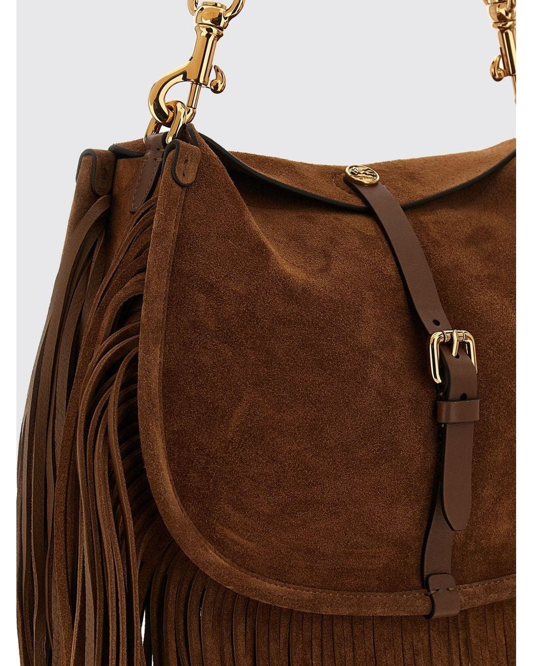Etro Brown Pony Suede Shoulder Bag With Fringes And Pegaso Logo