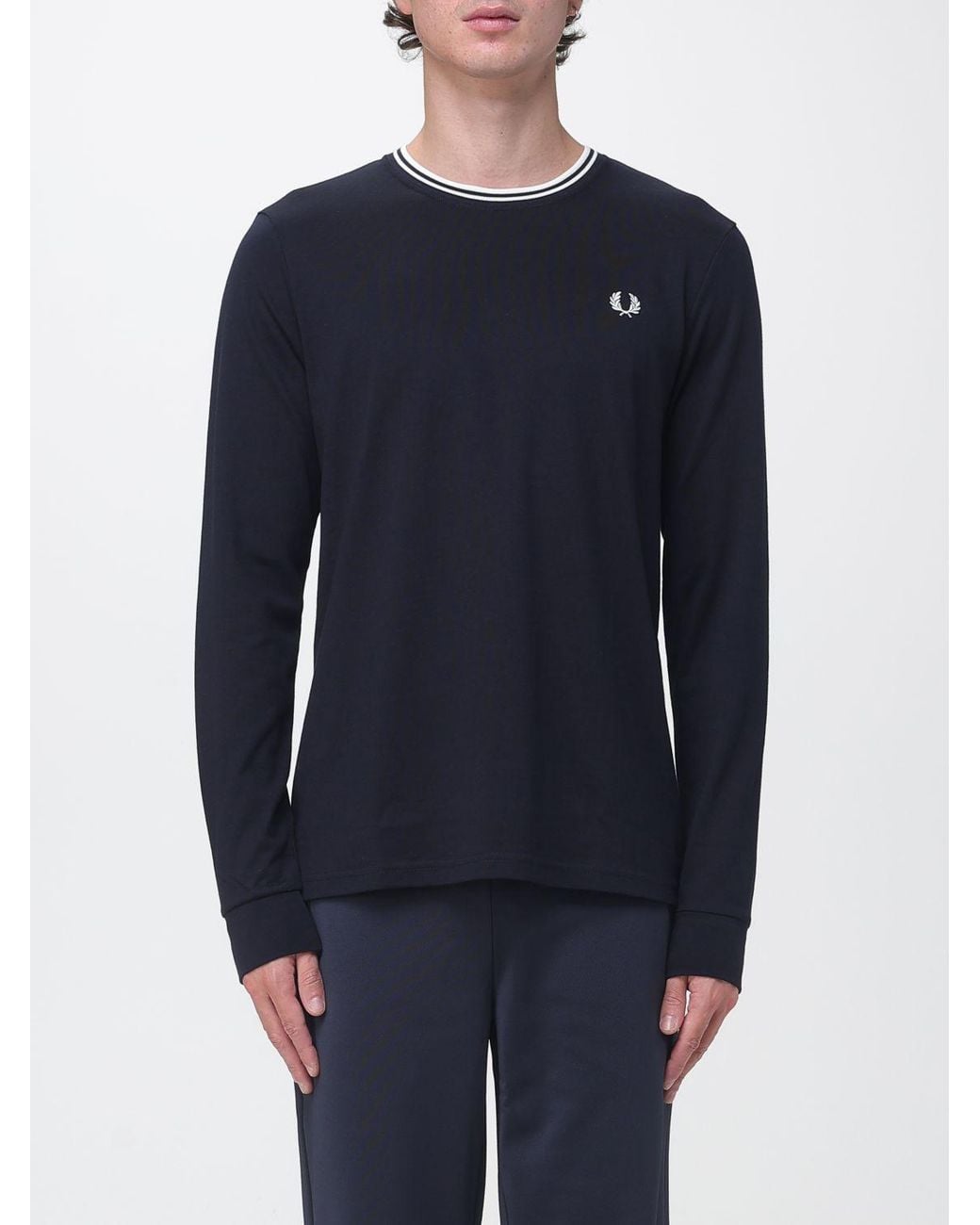 Fred Perry Blue Long-Sleeved Cotton Jersey T-Shirt With Embroidered Logo for men