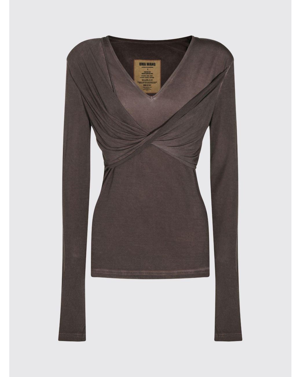 Uma Wang Brown Slim Fit Drapierte Jersey-Top Mit V-Ausschnitt Und Langen Ärmeln