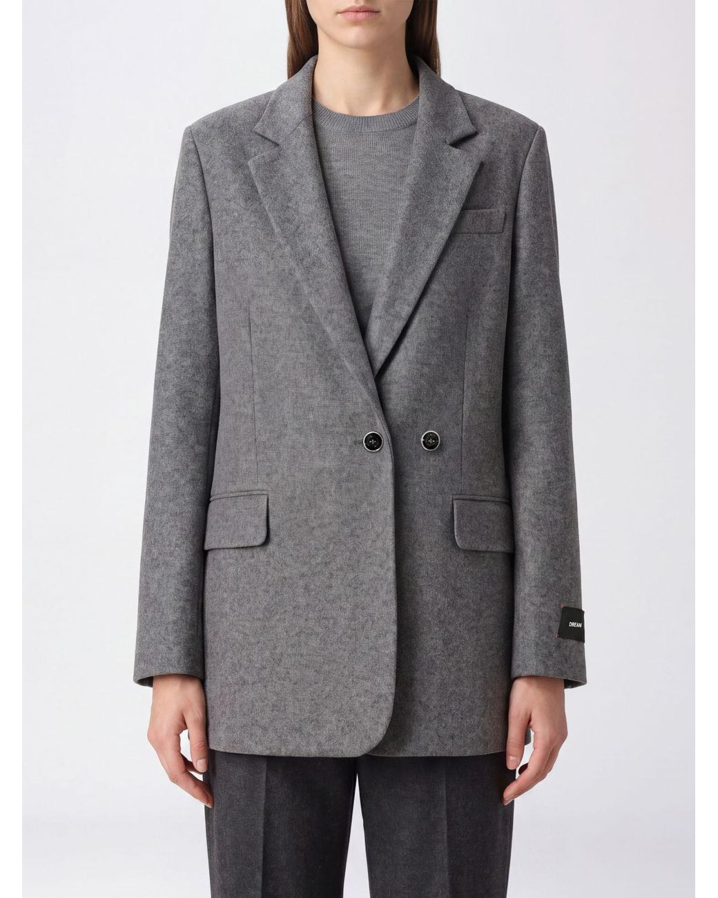 Pinko Gray Double-Breasted Wool Blend Blazer With Classic Lapels