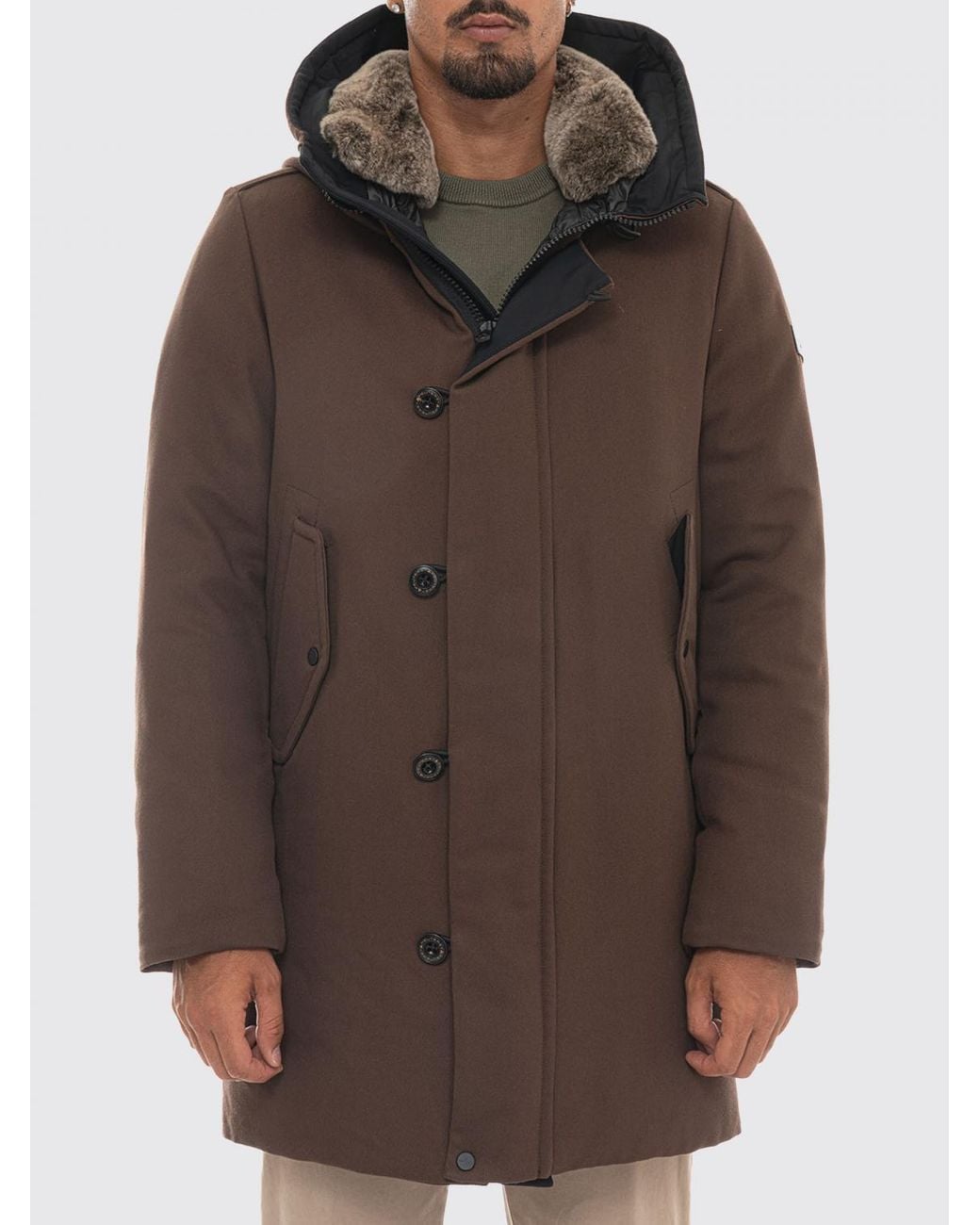 Peuterey Brown Kasa Ki Water-Repellent Knee-Length Parka With Fur Collar for men