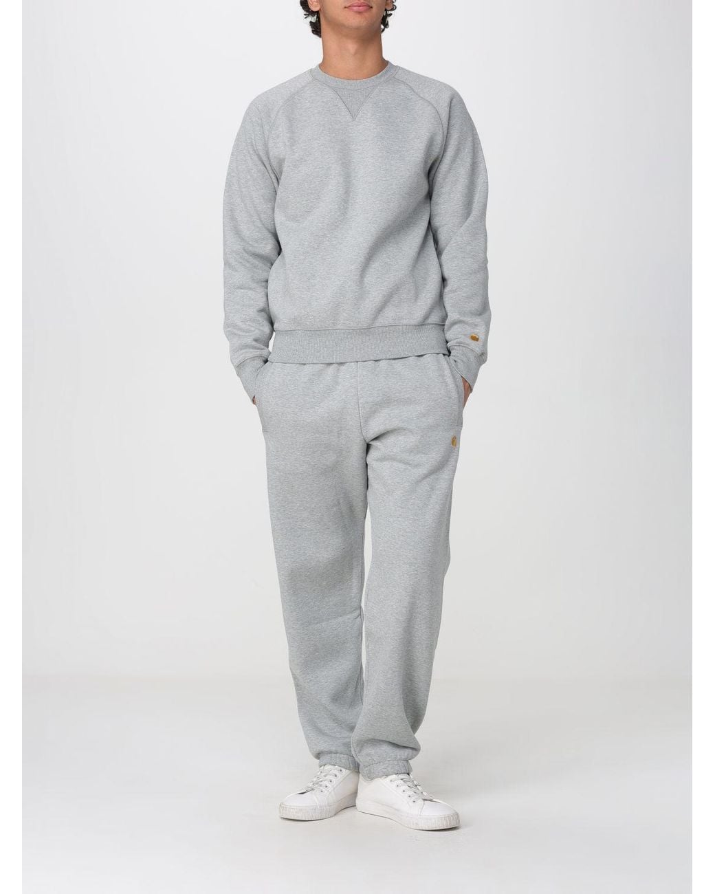 Carhartt Gray Relaxed Fit Solid Color Cotton Crewneck Sweatshirt With Dropped Shoulders for men