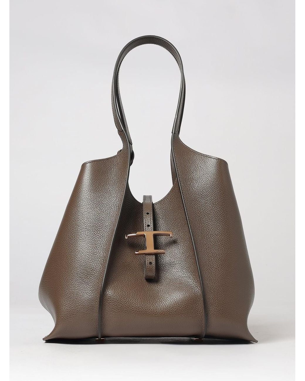 Tod's Brown T Timeless Grained Calfskin Shoulder Bag With Double Handle