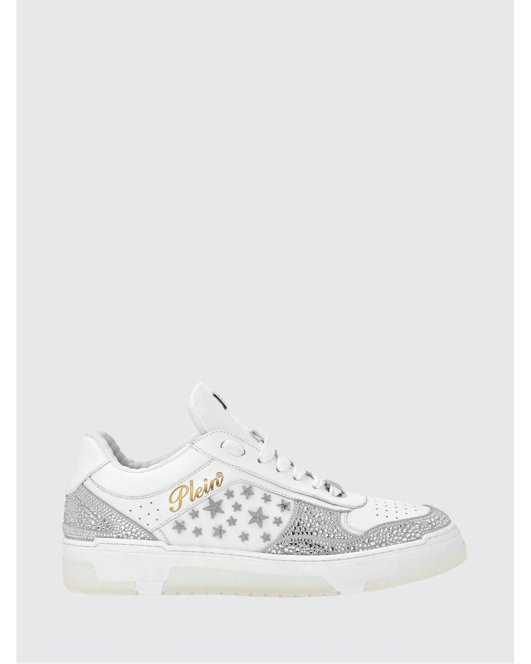 Philipp Plein White Low-Top Leather And Suede Sneakers With Studs And Rhinestones for men