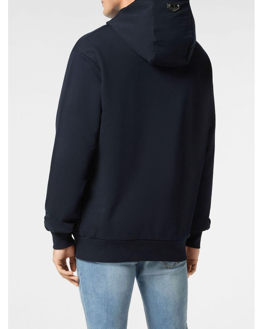 Philipp Plein Blue Contrast Logo Cotton Hoodie With Kangaroo Pocket And Dropped Shoulders for men