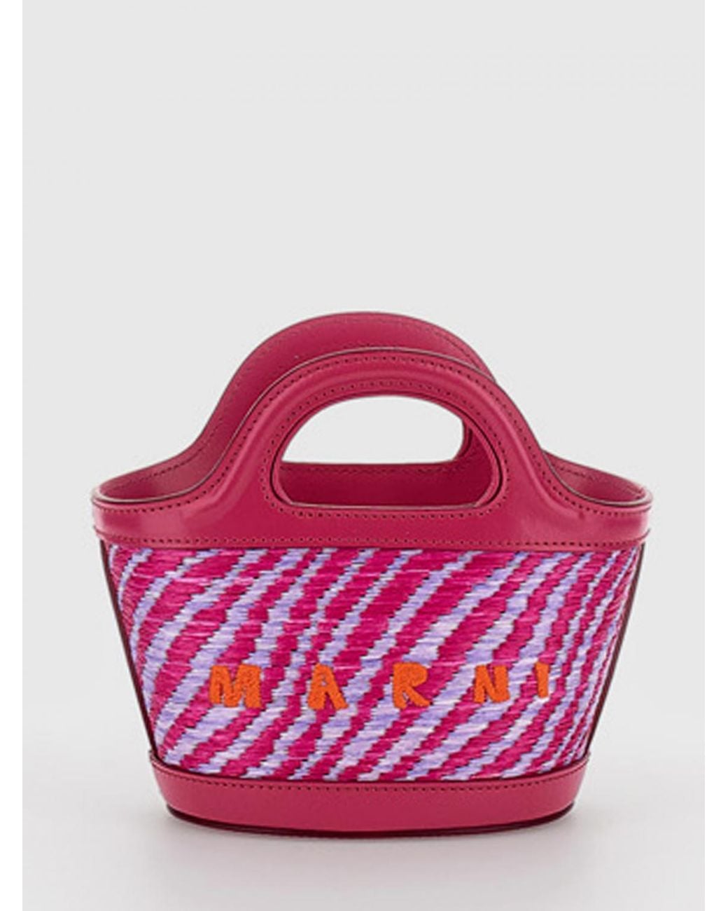 Marni Pink Tropicalia Mini Raffia And Leather Bag With Embroidered Logo