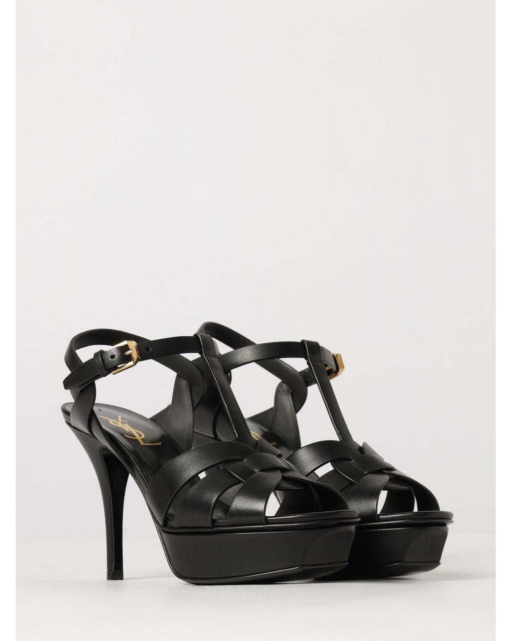 Saint Laurent Black Calfskin Leather Platform Sandals With High Stiletto Heel