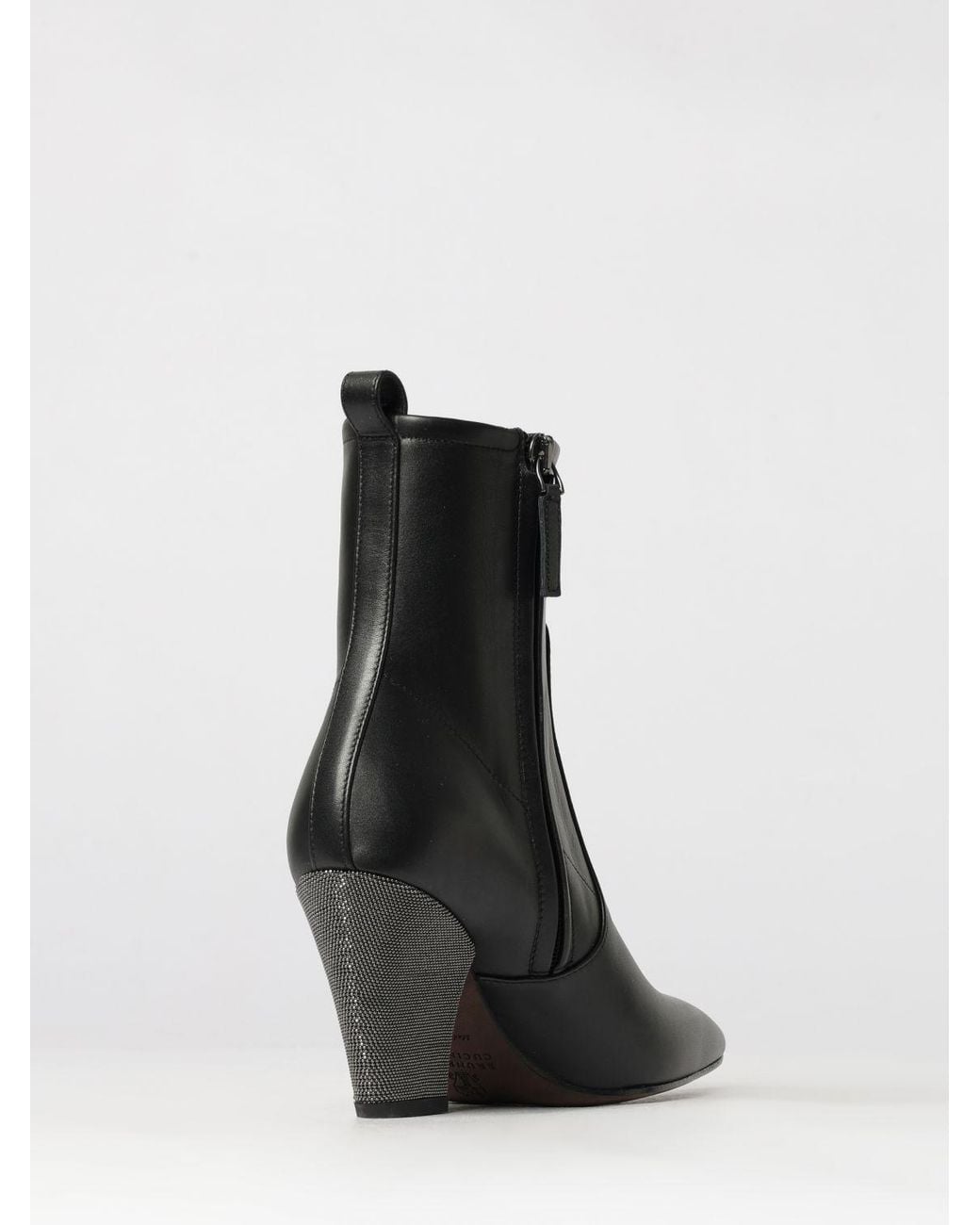 Brunello Cucinelli Black Leather Ankle Boots With Flared Heel And Monili
