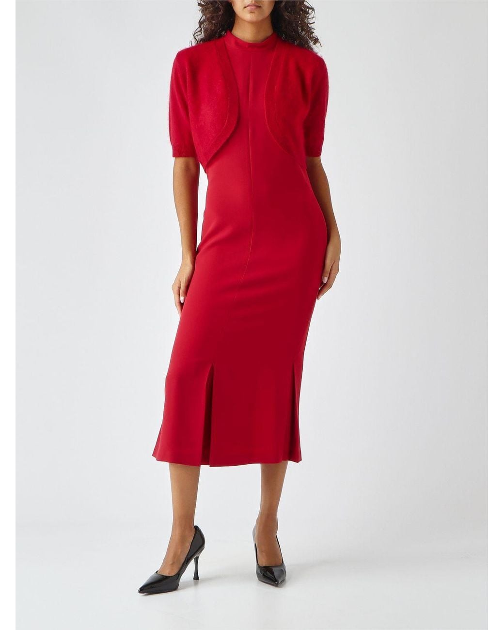 Twinset Red Crêpe Midi Sheath Dress With Halter Neck And Off-The-Shoulder Design