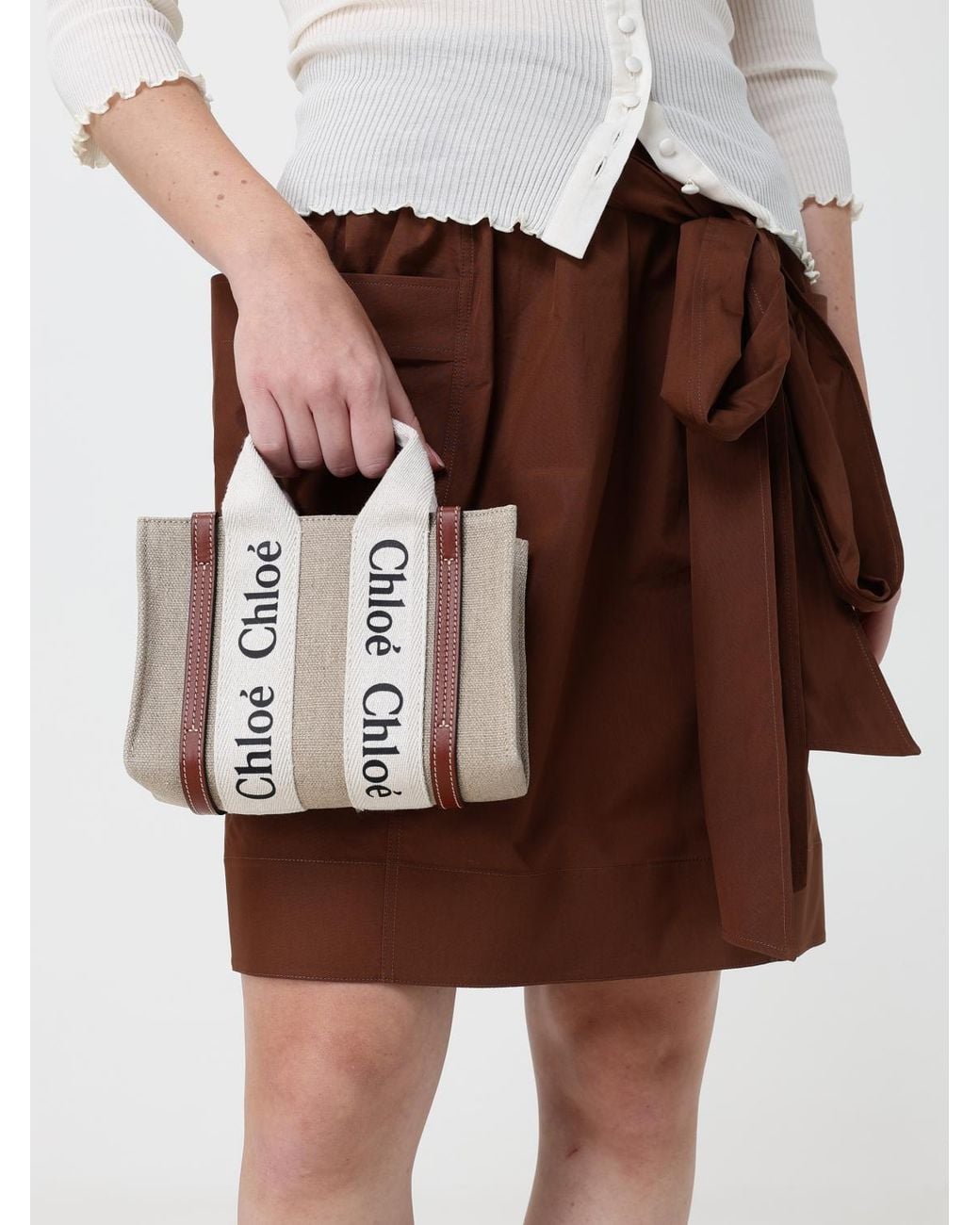 Chloé Natural ChloÉ Woody Mini Linen And Cotton Tote Bag With Logo Handles