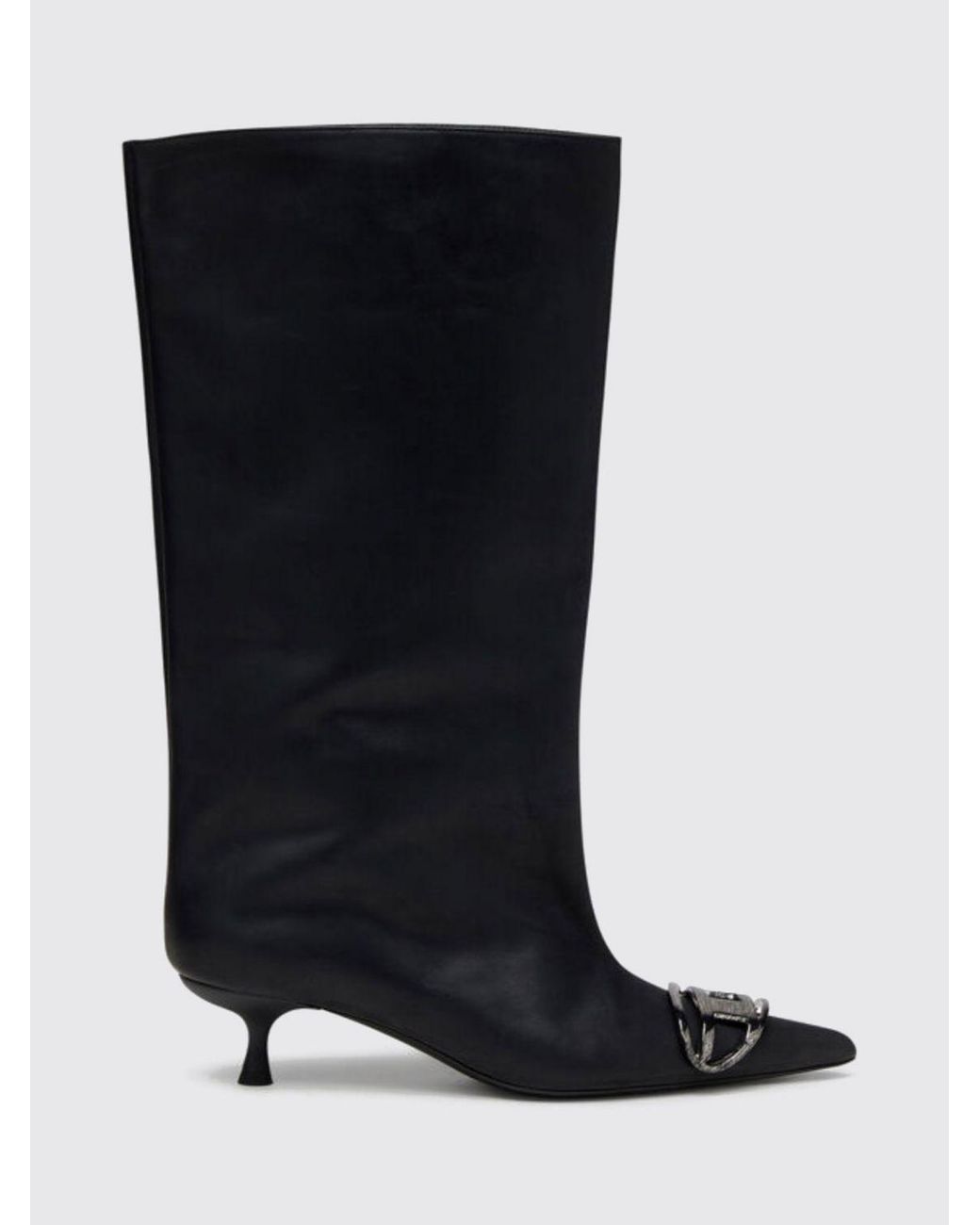 DIESEL Black D-Venus Calf-High Leather Boots With Oval D Logo And Stiletto Heel
