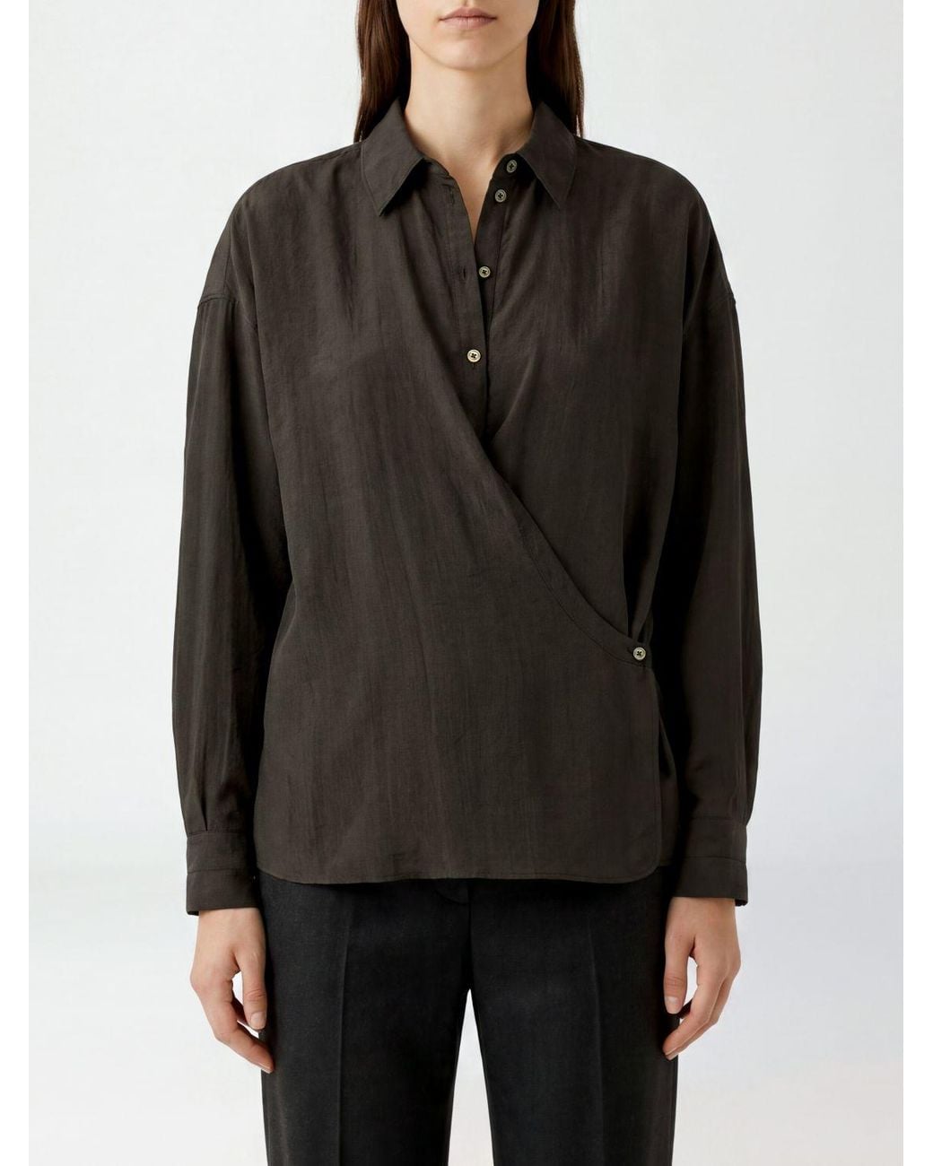 Lemaire Black Relaxed Fit Silk Blend Shirt With Asymmetric Closure
