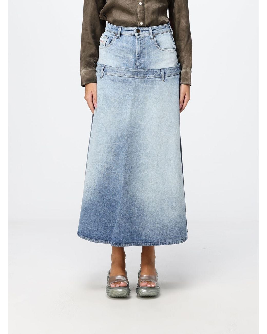 DIESEL Blue De-Vorya-S High-Waisted A-Line Midi Skirt