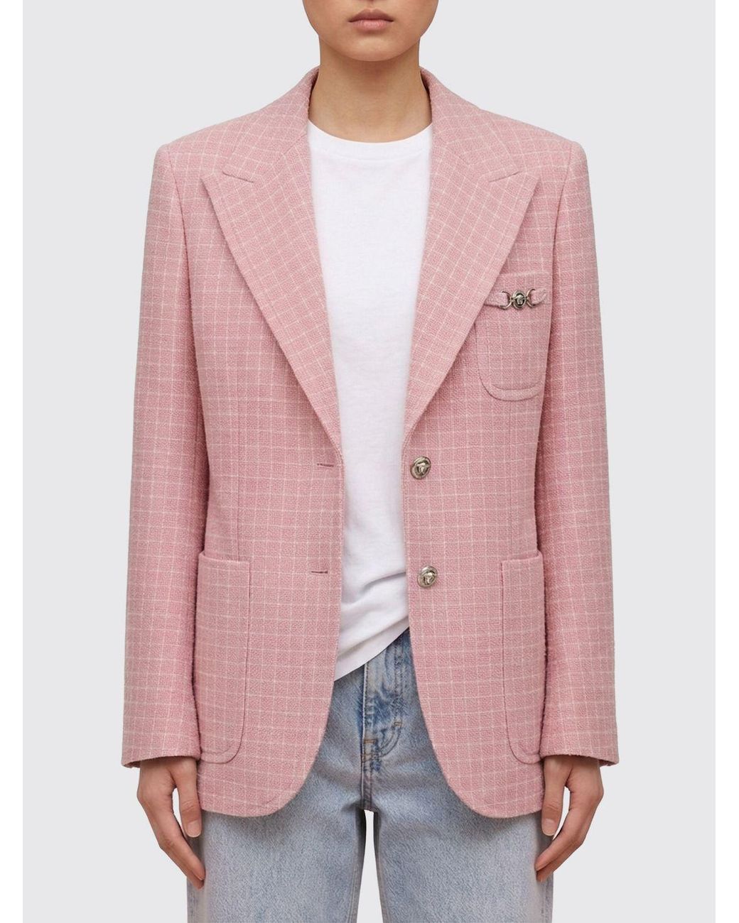 Versace Pink Checked Single-Breasted Virgin Wool Blazer