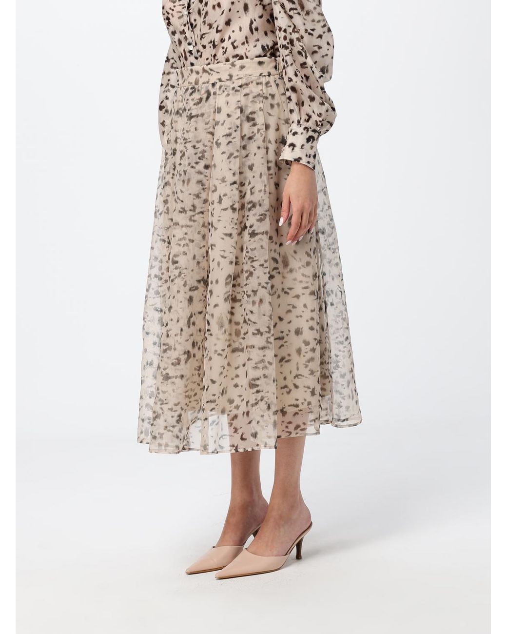Brunello Cucinelli Natural Abstract-Print Silk A-Line Midi Skirt For