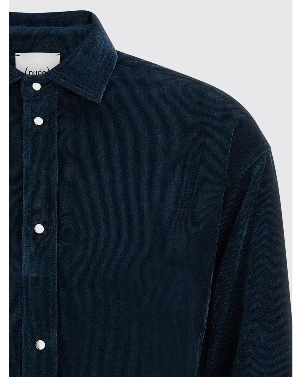 Nude Blue Long-Sleeved Velvet Shirt With A Classic Collar And Button Closure